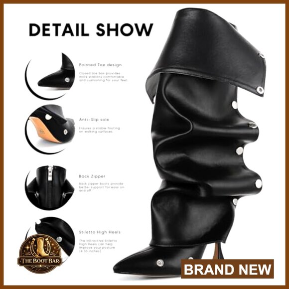 Knee High Stiletto Boots Pointed Toe Wide Calf Ruched Slouchy Elegant Heels - Picture 5 of 6